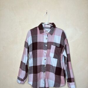 Women’s Plaid Shirt - Pink and Brown Size Medium